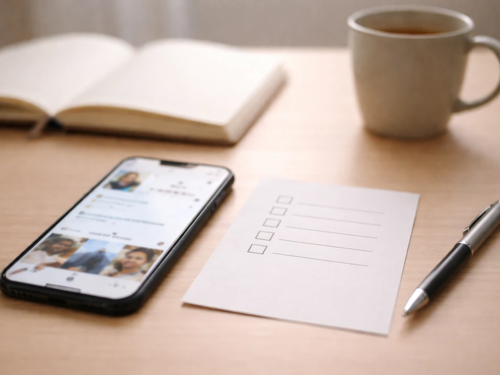 Phone displaying a generic social profile page with a checklist for verifying online creator metrics.