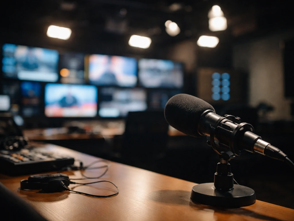 Empty TV studio control room with a microphone and dramatic lighting, symbolizing a British actress media profile mix-up