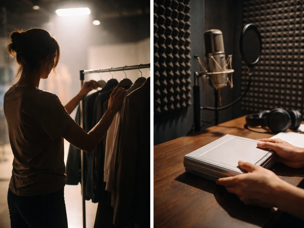 Minimal split-scene montage: actress silhouette before a studio light and a quiet audio recording booth.