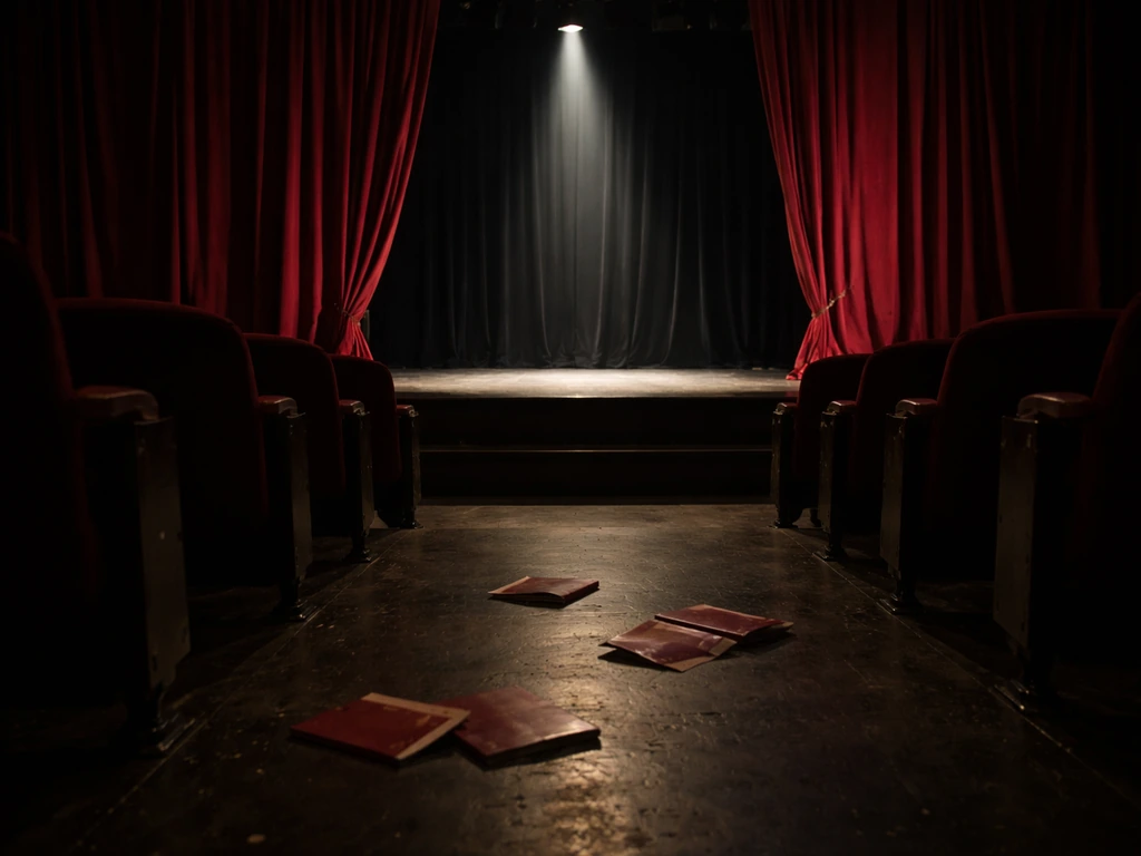 Empty theatre stage with red curtains and a spotlight, suggesting live stage work without any people.