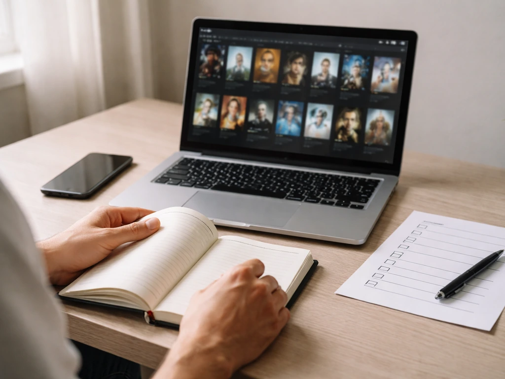 Person at a laptop compares film titles and years from movie databases in a quiet home office