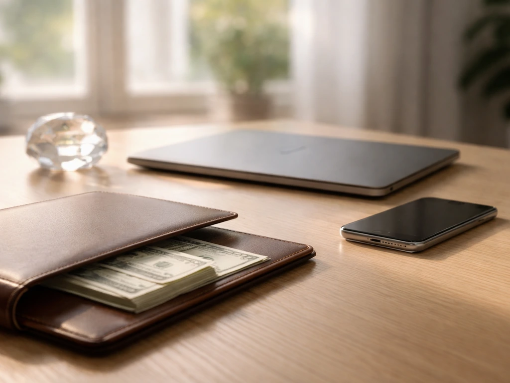 Minimal office desk with laptop and money symbolizing financial wealth analysis, no people or text.