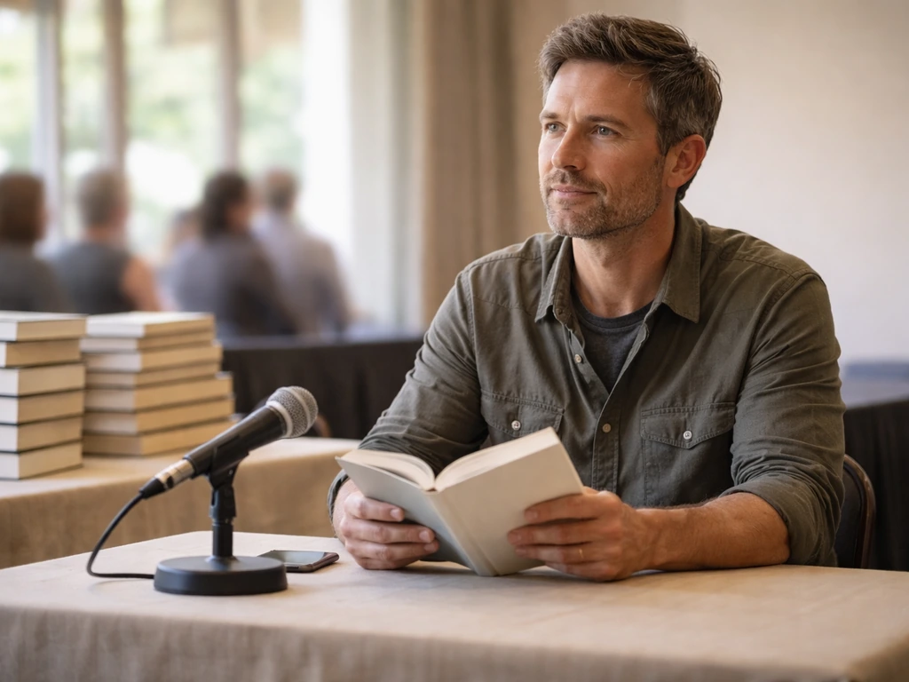 Author at a book signing table with a stack of memoirs and a microphone in soft natural light