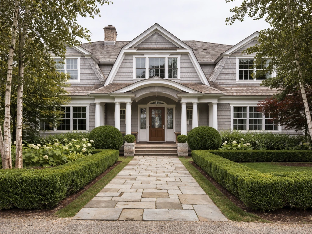 Elegant Martha’s Vineyard–style coastal estate exterior with manicured hedges and stone pathway