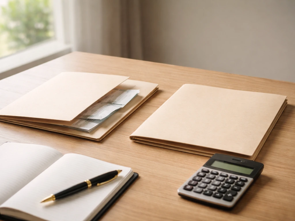 Minimal desk scene with a notebook and fountain pen suggesting confirmed versus estimated financial figures.