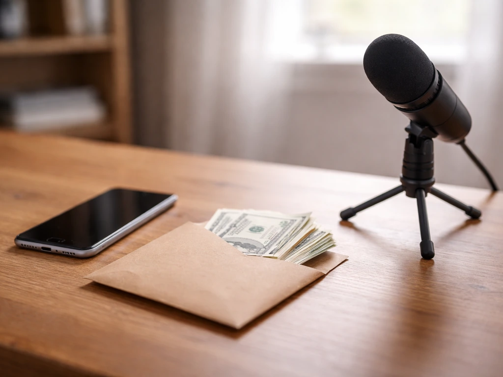 Minimal desk scene with a smartphone and cash envelope symbolizing influencer net worth estimates