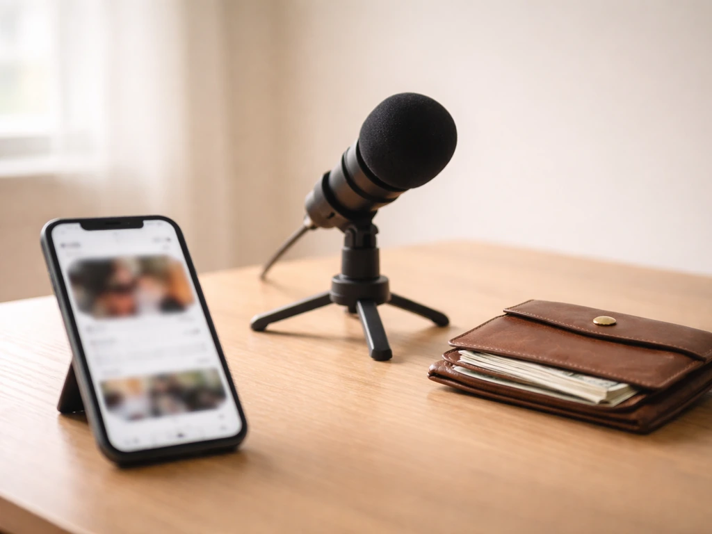 Minimal media-work desk scene with smartphone, mic, and wallet-like prop suggesting online influencer identity
