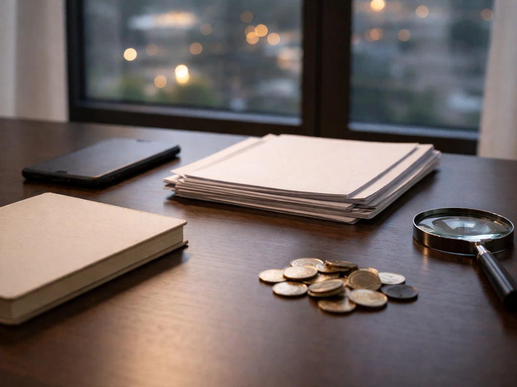 Minimal desk scene with coins, documents, and a magnifying glass suggesting differing net-worth definitions.
