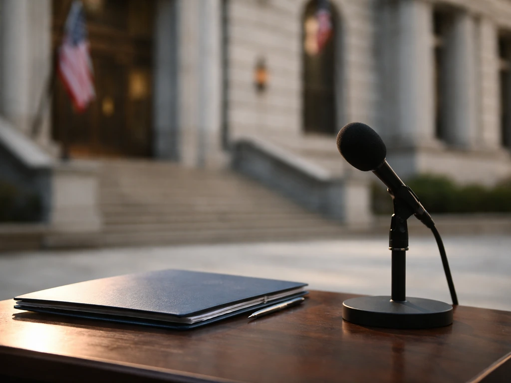Boston civic building facade with a blurred newsroom microphone, symbolizing public profile and finance topics