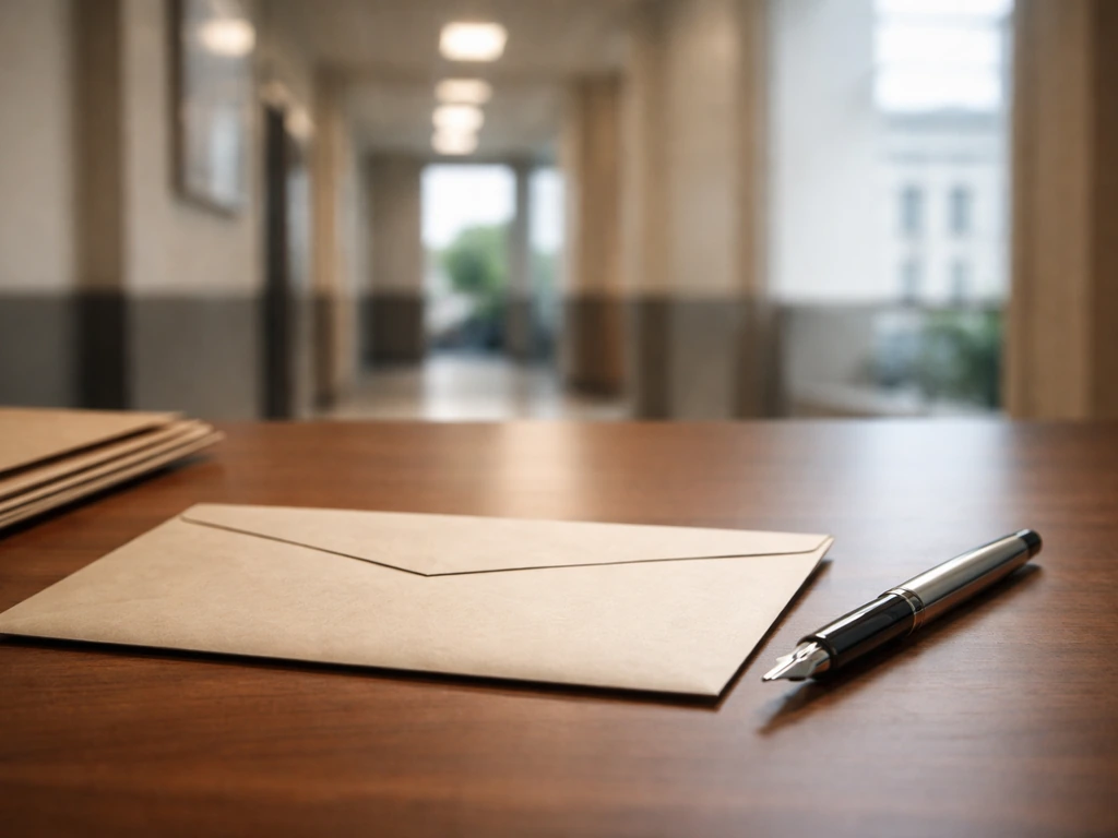 Close-up of a sealed envelope and a fountain pen on a tidy desk, symbolizing financial disclosure review.