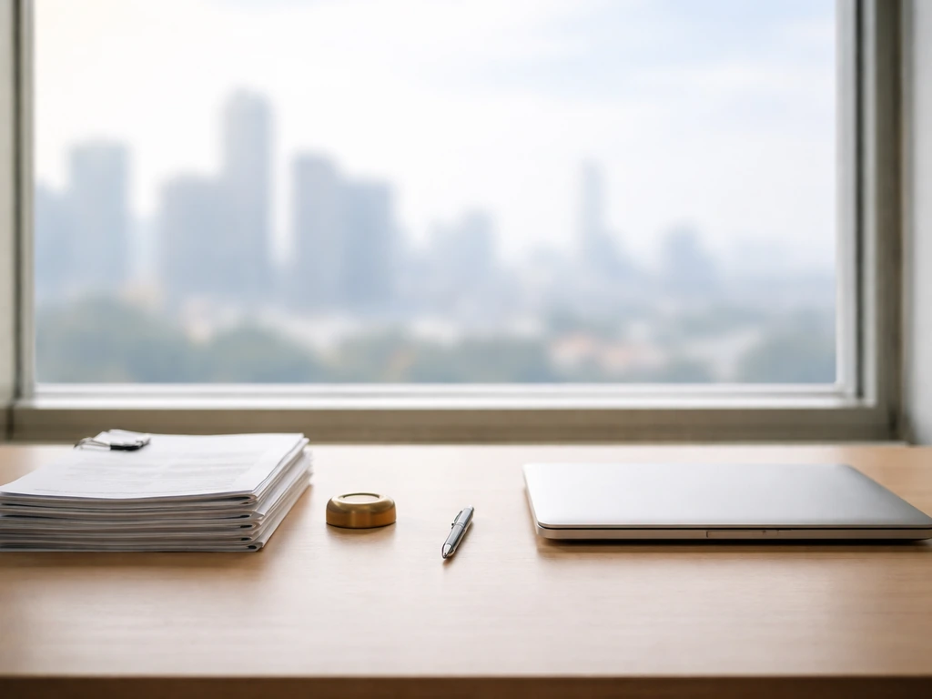 An anonymous office desk with a closed laptop, a stack of documents, and a Boston skyline view at dusk.