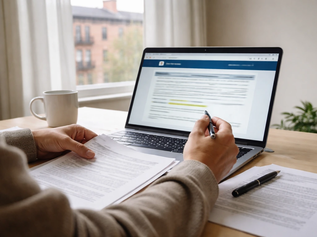 Person researching public financial disclosures on a laptop with documents and a pen in a quiet home office.