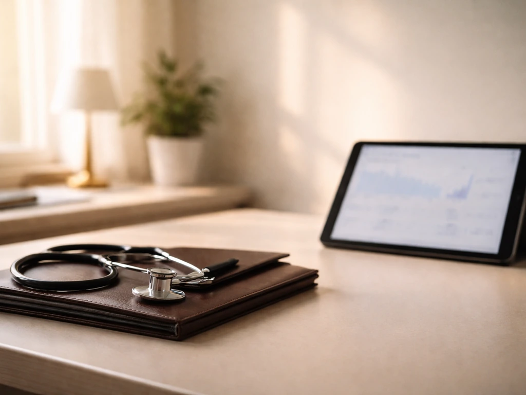Minimal doctor’s office desk with stethoscope and portfolio, suggesting medical-professional financial analysis.
