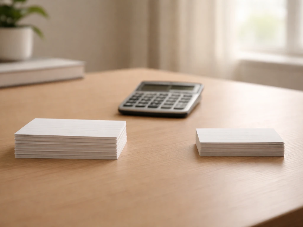 Minimal photo of a desk with a calculator and two simple stacks of cards symbolizing assets and liabilities.