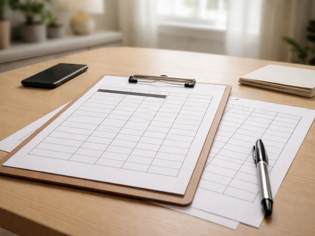 Minimal desk scene with a blank net-worth estimation worksheet, pen, and papers under natural light.