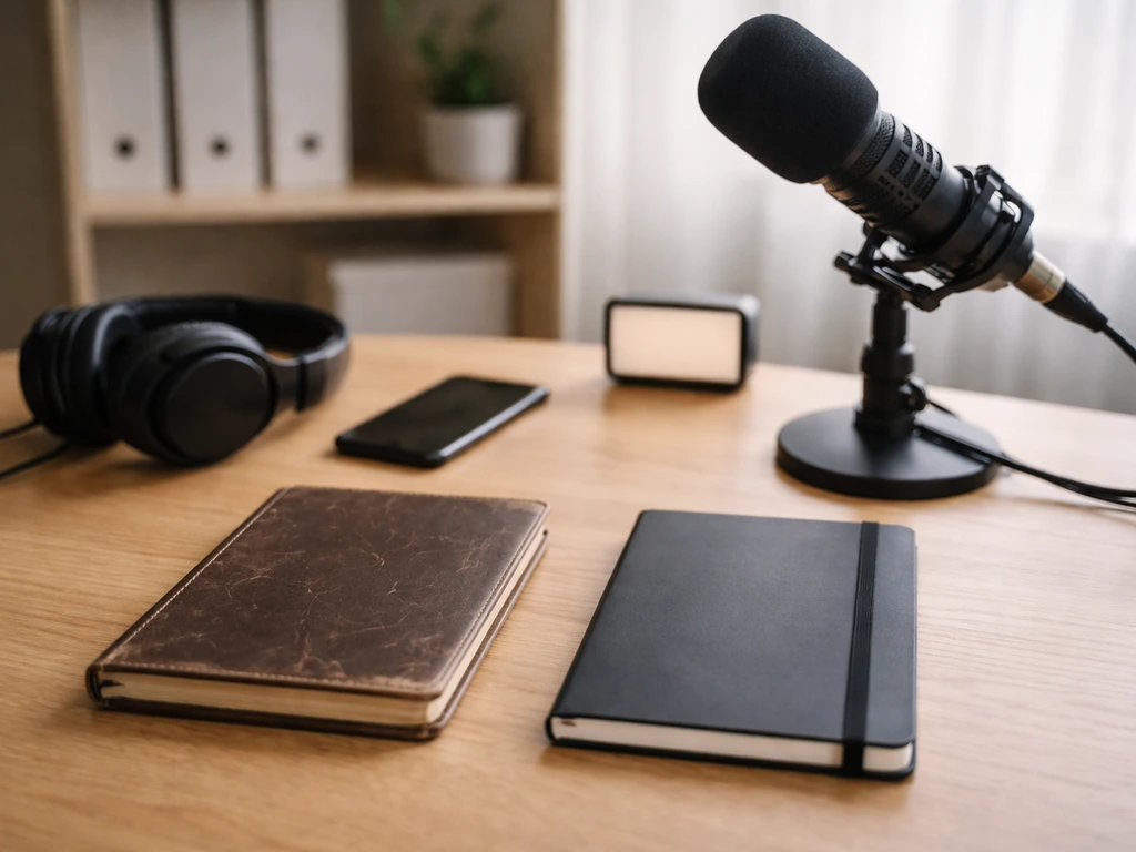Podcast studio desk with microphone and two notebooks symbolizing a career milestone shift.