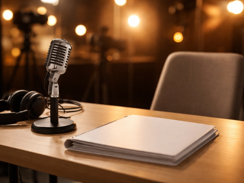 Empty TV studio desk with broadcast microphone and headphones, softly lit like a promotional media scene.