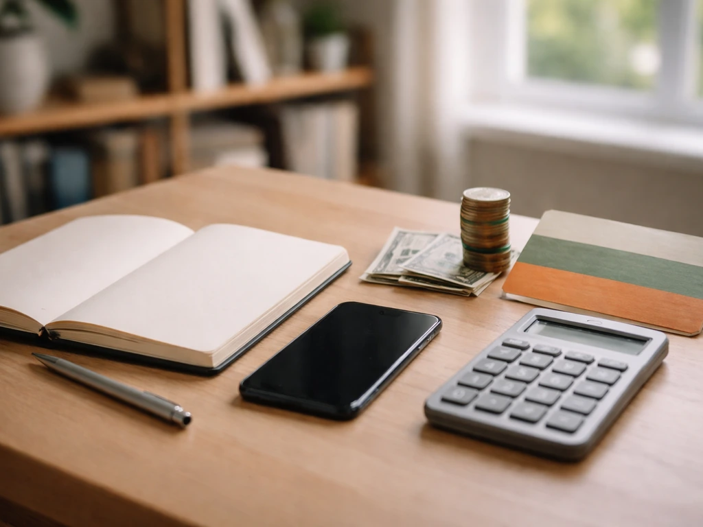 Minimal desk scene with coin stack and calculator, suggesting an income range and confidence without any text.