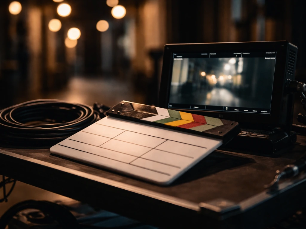 Minimal on-set style scene suggesting the wealth-building era of a premium TV drama, with film gear and rich lighting