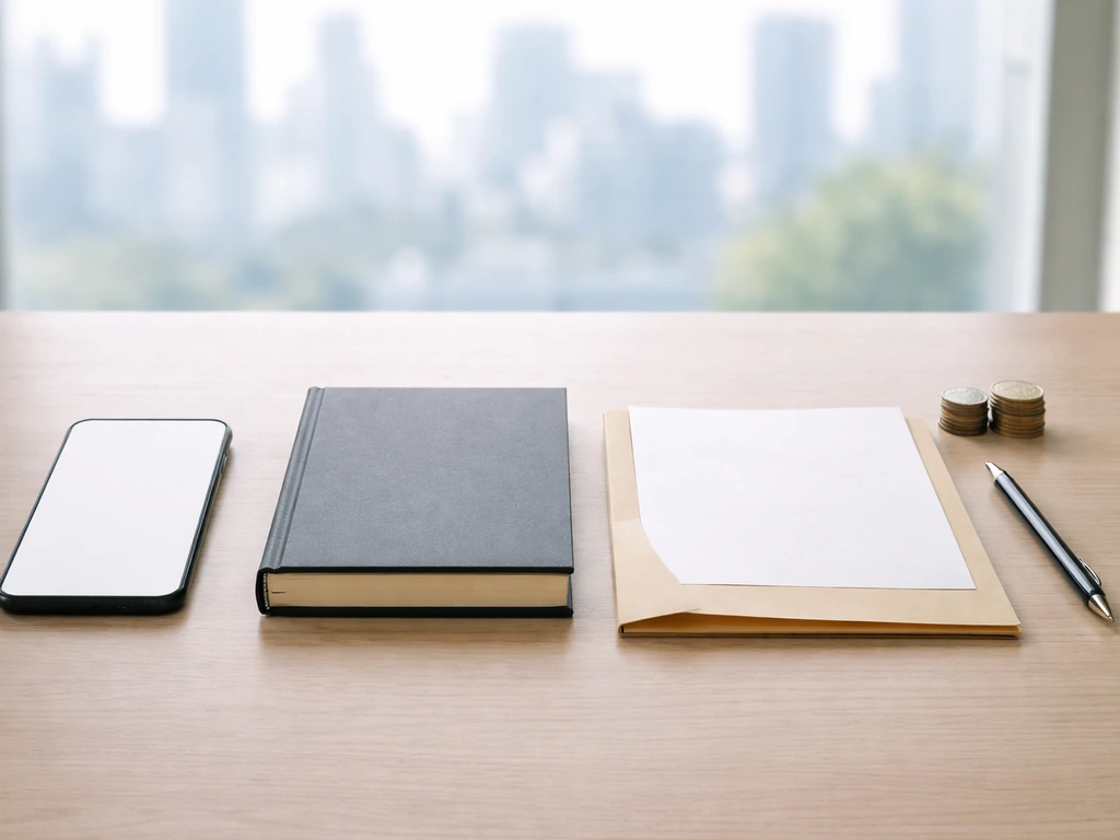 Minimal desk scene with a phone, media book, and folder side-by-side, symbolizing verifying an estimate.