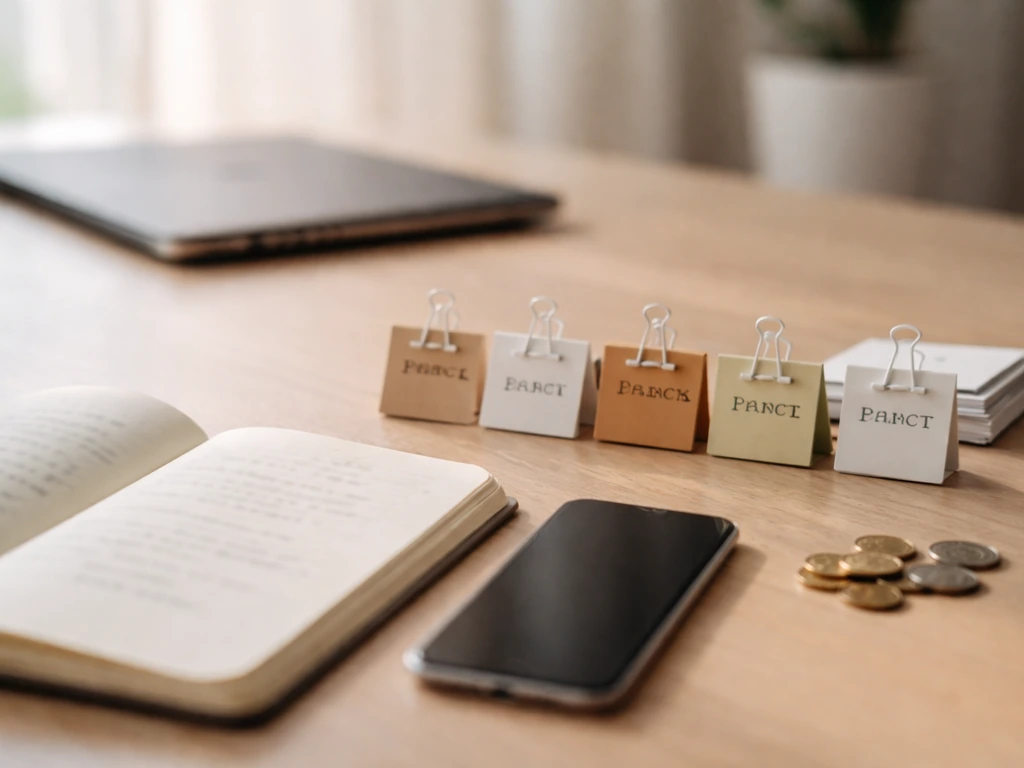Minimal desk with blurred notes, smartphone, coins, and clipped paper tags symbolizing wealth buckets.