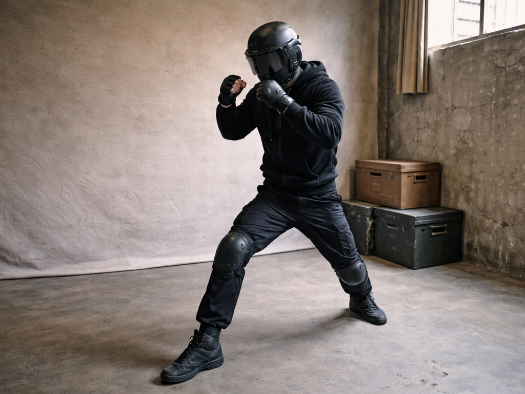 Anonymous Hong Kong film crew member practicing combat choreography in a modest studio corner