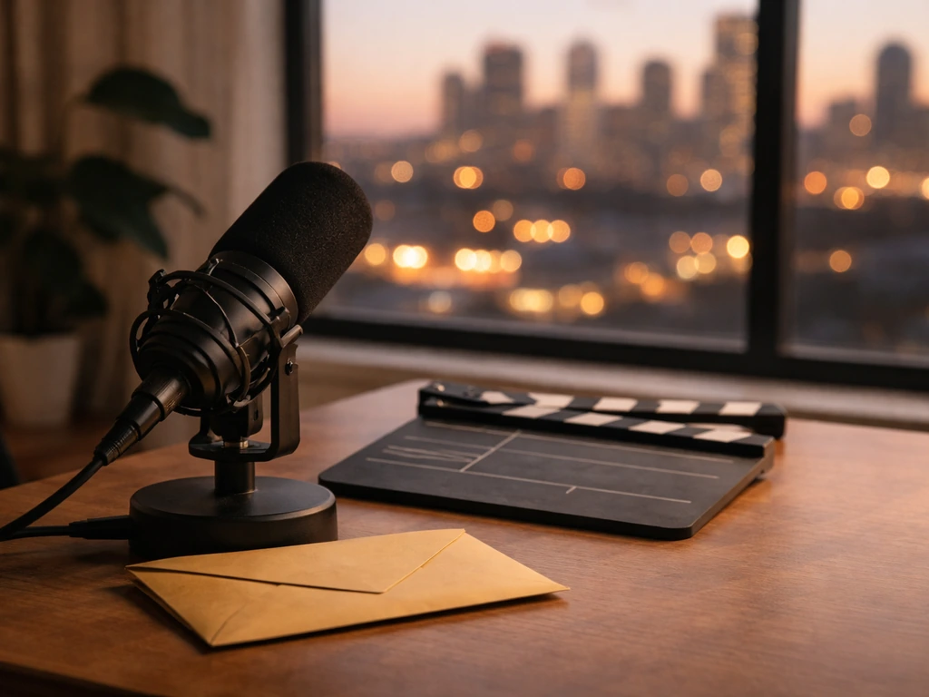 Minimal film studio desk with microphone, gold envelope, and city skyline through a window.