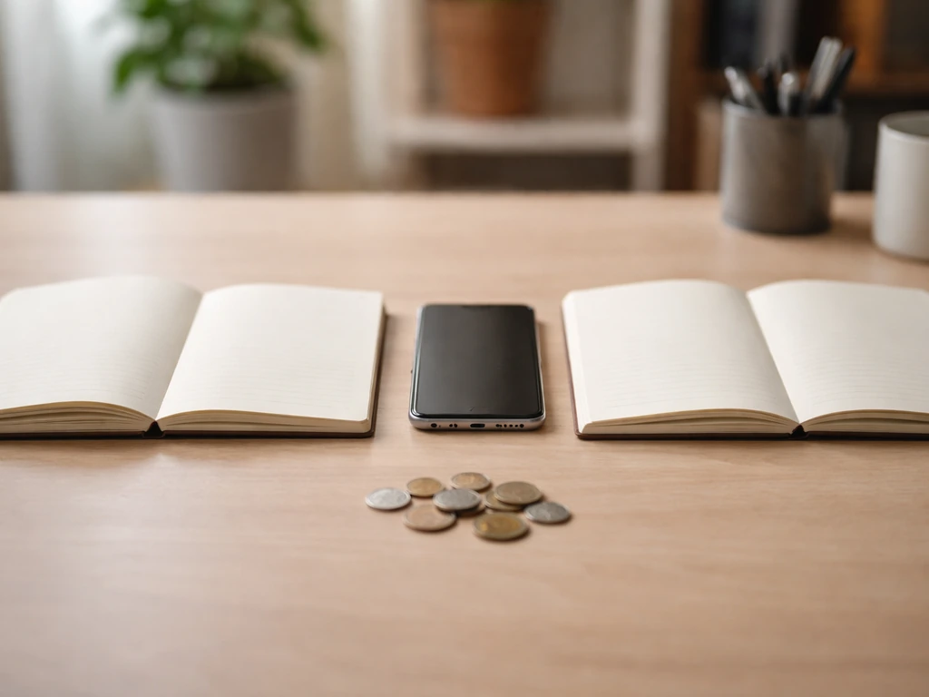 Minimal desk scene with two open notebooks and a smartphone beside scattered coins, symbolizing competing net worth sour
