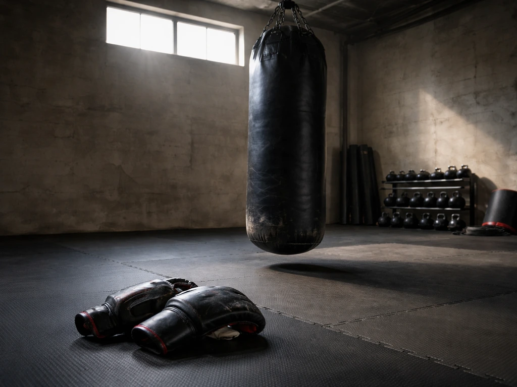 Empty MMA gym corner with a punching bag and gloves, symbolizing a professional fighter’s career identity