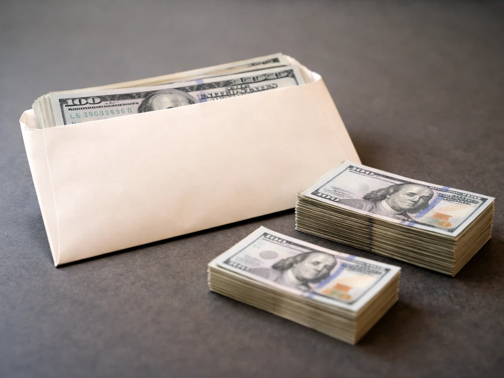 Minimal close-up of a cash envelope and a split of bills suggesting fight purse and win bonus.