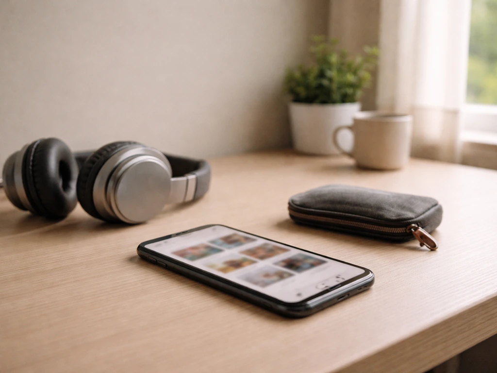 Anonymous smartphone capture of social media-like content in a minimalist home office with finance mood