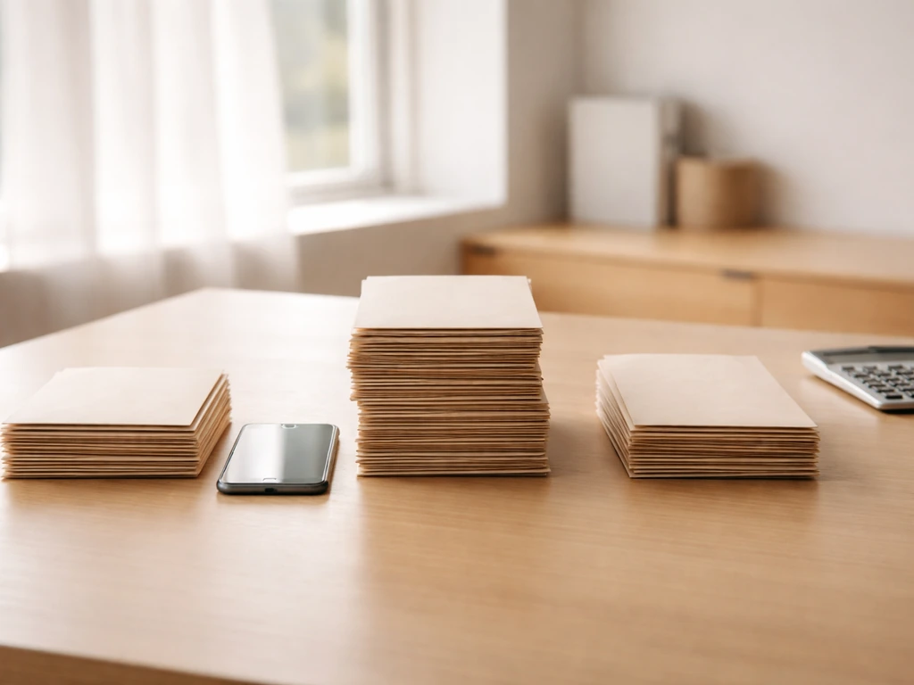 Minimal photo of a desk with a smartphone and neatly stacked money envelopes, suggesting career growth over time.