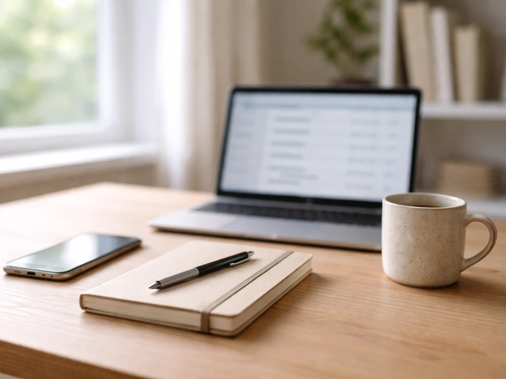 Minimal home office desk with laptop and phone symbolizing personal finance blogging, no people shown.