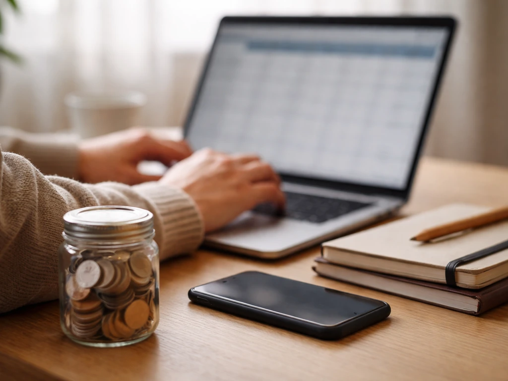 Close-up of hands working on a laptop with blurred budgeting screens and coins on a desk.