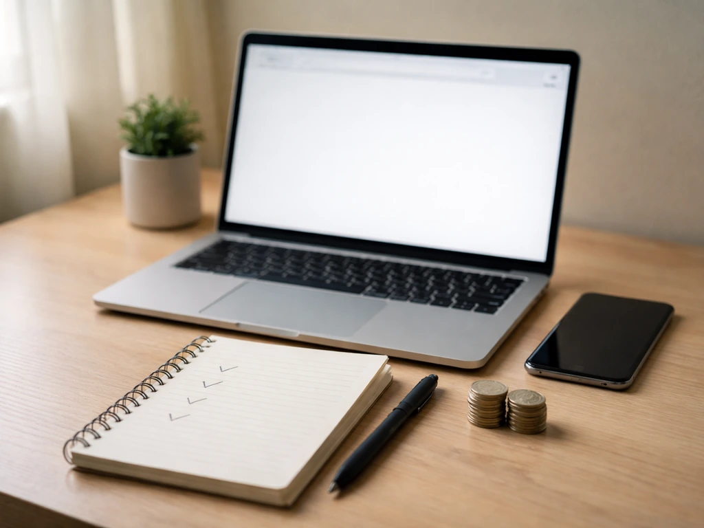 Minimal desk with laptop and smartphone for reviewing financial info, notebook with checkmarks, coins nearby.