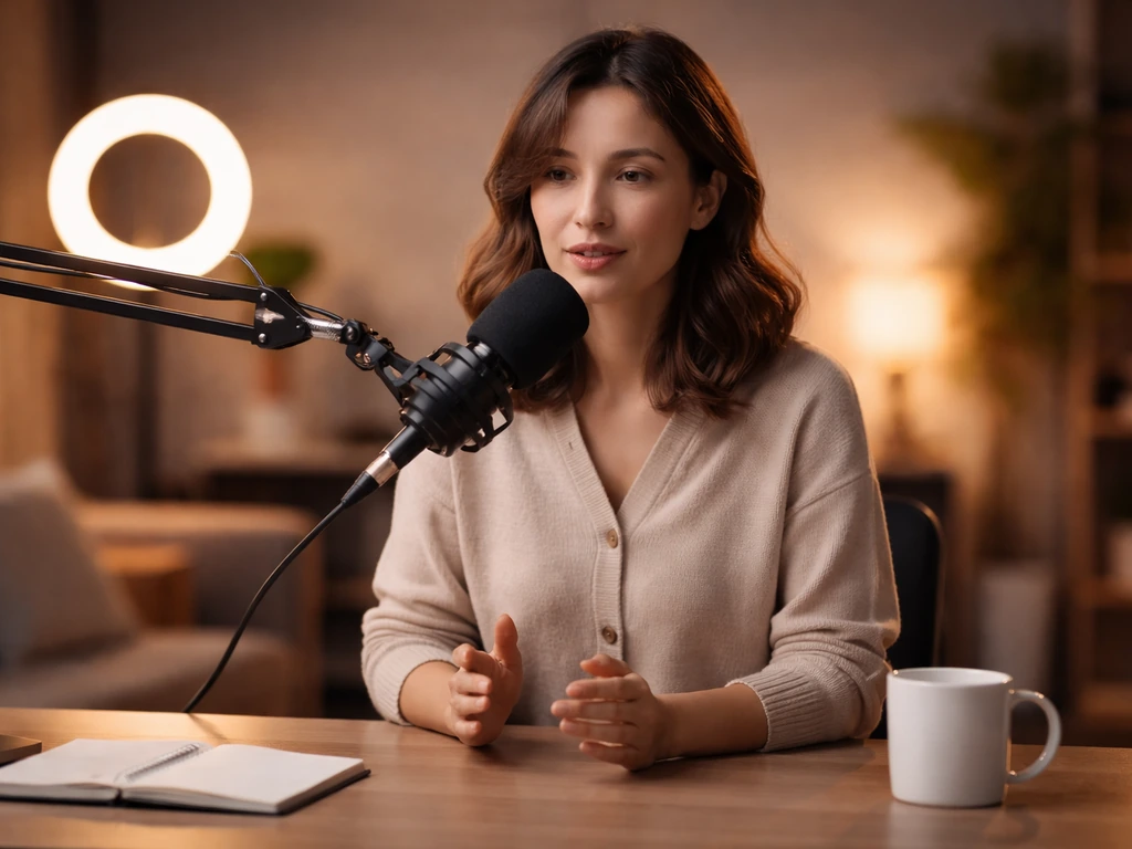 Non-identifiable female host speaking into a studio microphone in a simple creator workspace
