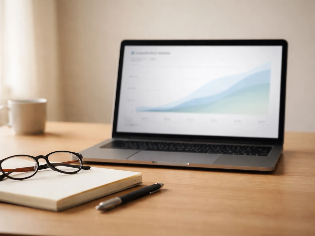Minimal desk scene with a laptop open, blurred media analytics on screen, and a notebook of loose notes