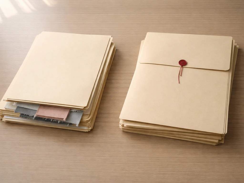 Minimal desk scene with two stacked folders labeled by color cues only, representing two different identities.