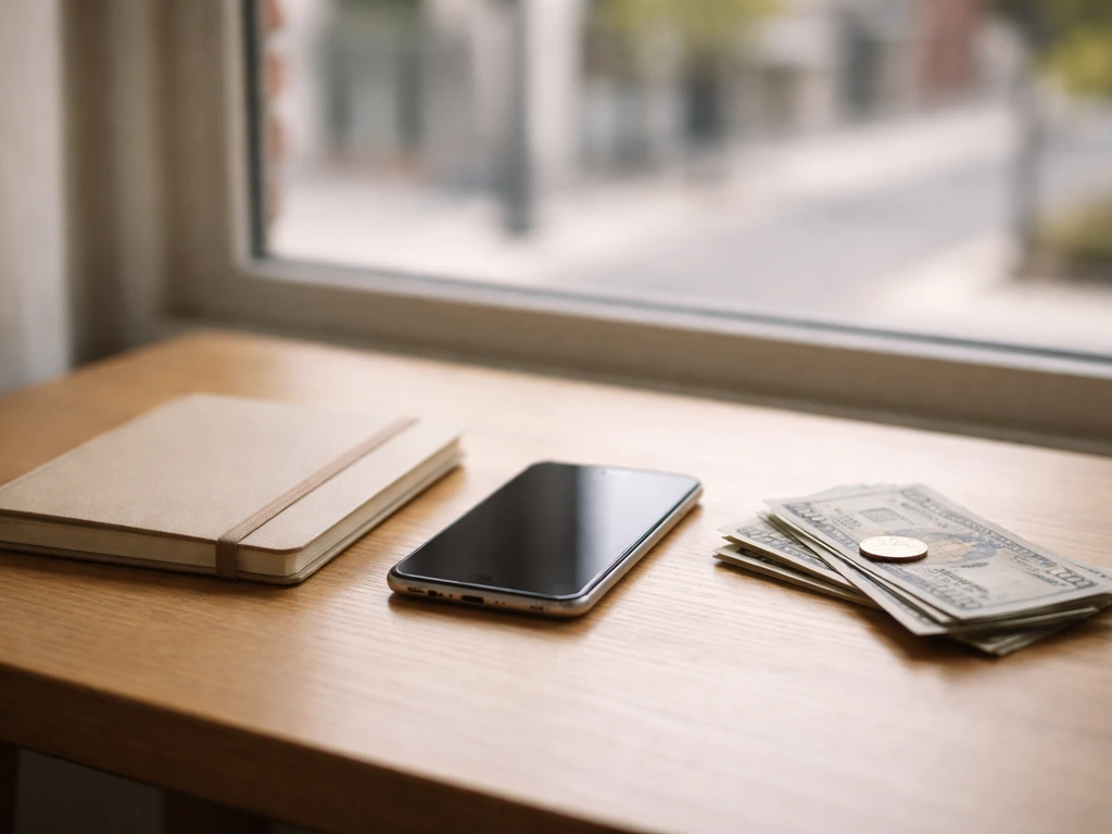Minimal photo of a tidy desk with scattered cash and a smartphone, symbolizing varied net-worth estimates.