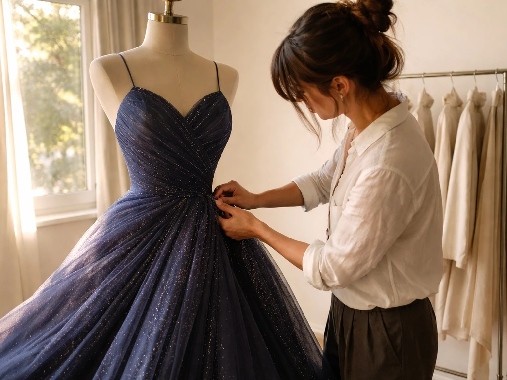 Fashion designer in studio presenting a finished garment, warm lighting, celebratory winner vibe.