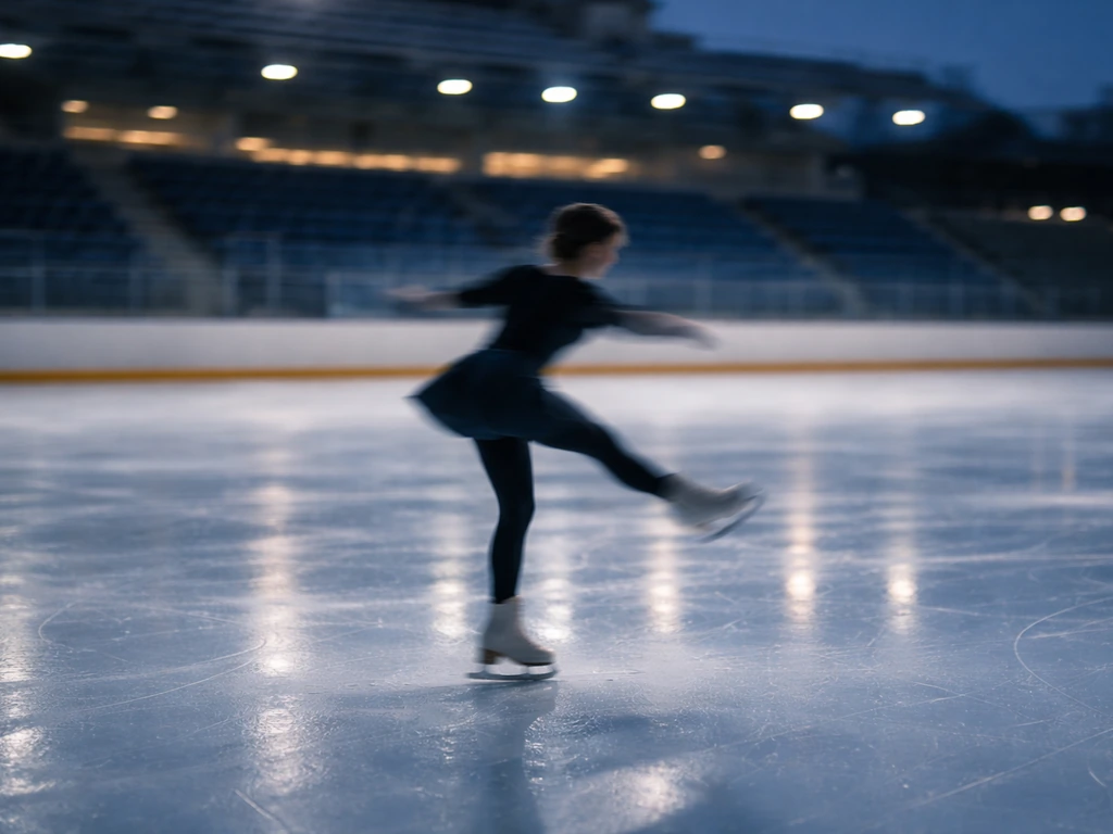 Olympic-style ice rink at night with a lone figure skater captured mid-spin in motion