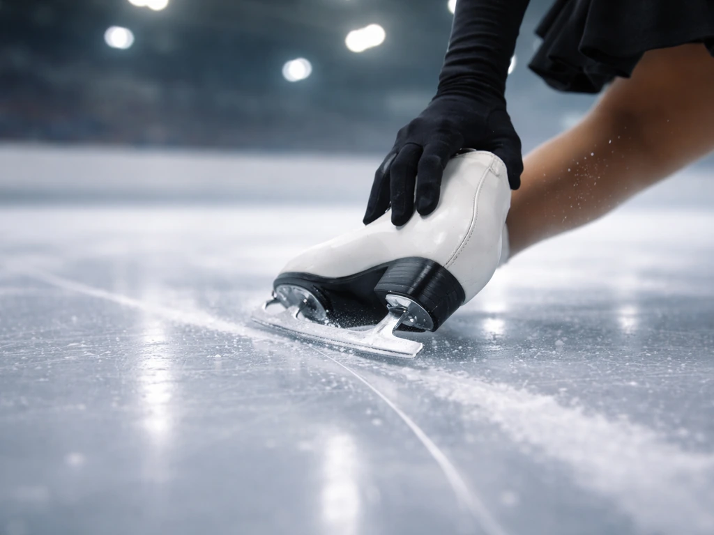 Close-up of figure skates gliding on ice with blurred arena lights, evoking elite competition era.