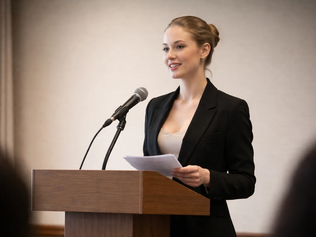 Michelle Kwan speaking at a small podium during a media appearance in a quiet, well-lit room