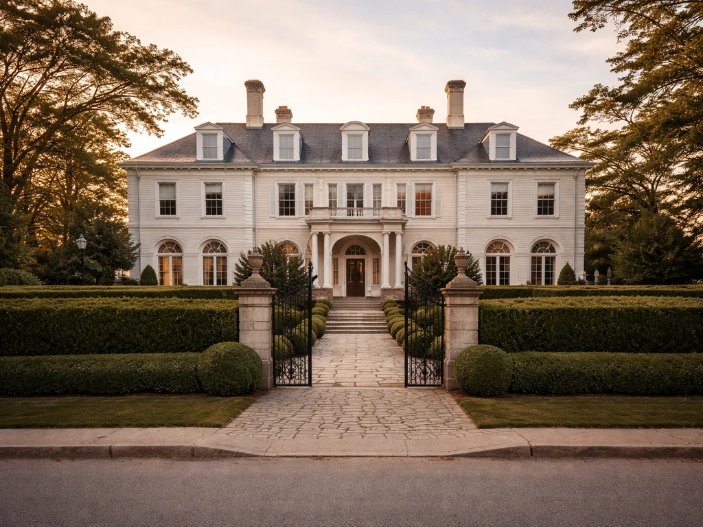 Exterior of an elegant Newport, Rhode Island mansion with manicured landscaping and golden-hour light.