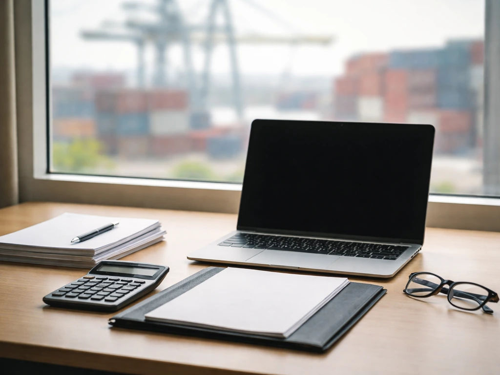 Minimal office scene with shipping containers and a laptop, suggesting logistics leadership and wealth verification