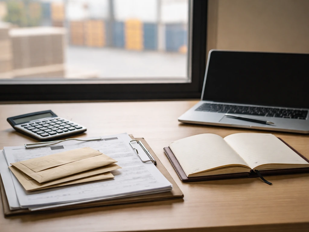 Minimal office desk with shipping paperwork, a calculator, and a small ledger-like notebook near a laptop