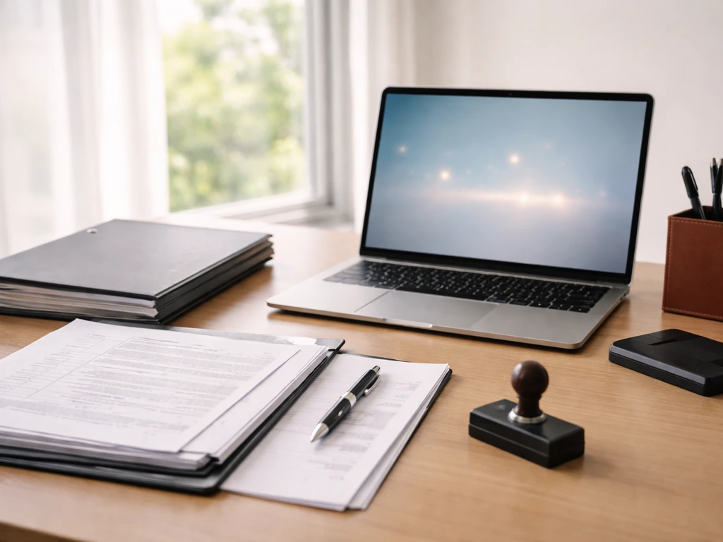 Desk scene with business registration papers and a laptop showing a generic launching-soon style interface.
