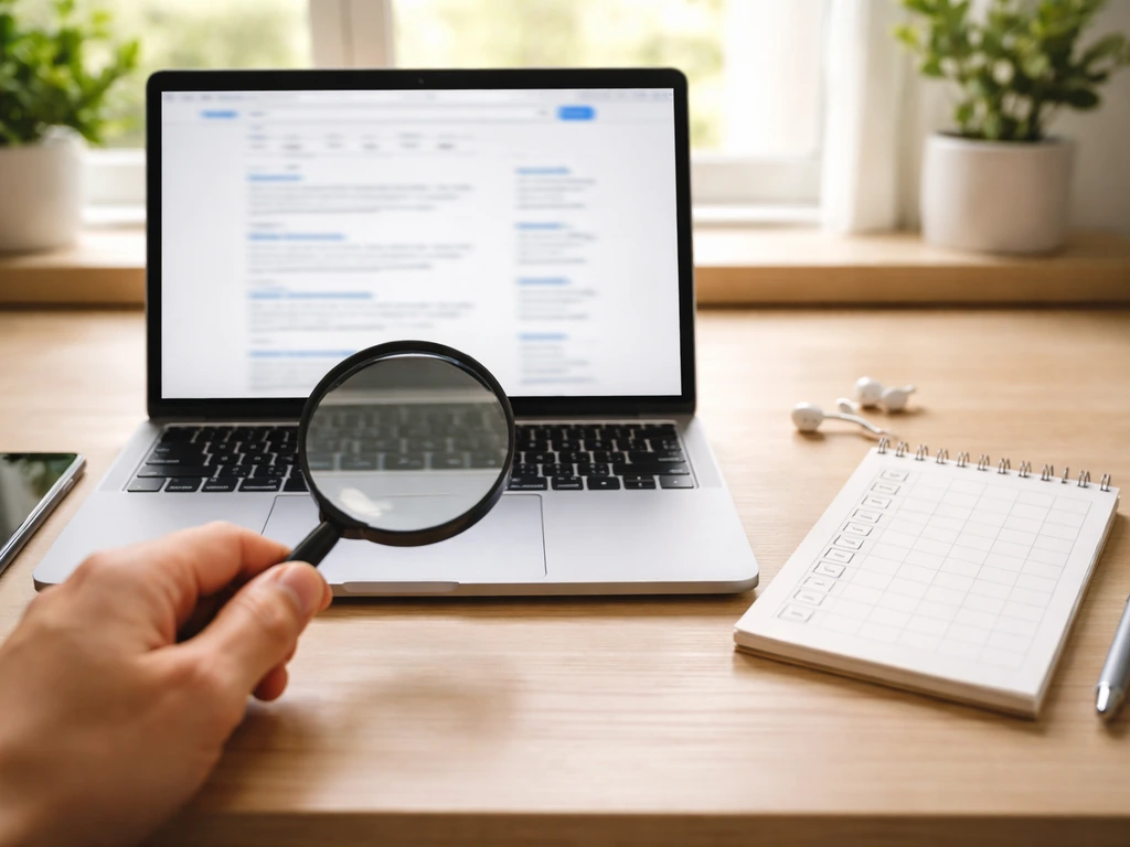 Hand uses a magnifying glass over a laptop search page while a blank checklist sits on a desk.