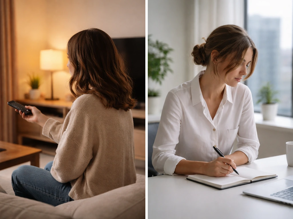 Split-screen style photo showing two anonymous women in different settings to represent two Michelle Johnson identities