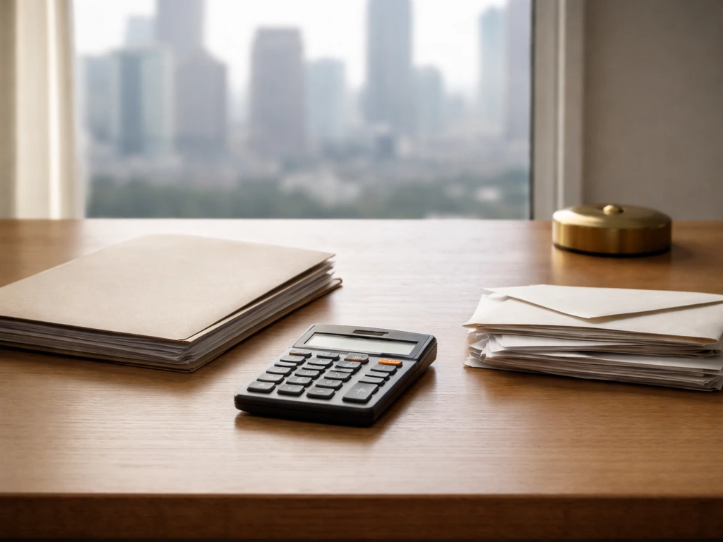 Minimal desk scene with scattered documents, a calculator, and a blurred city view symbolizing verified vs speculative i